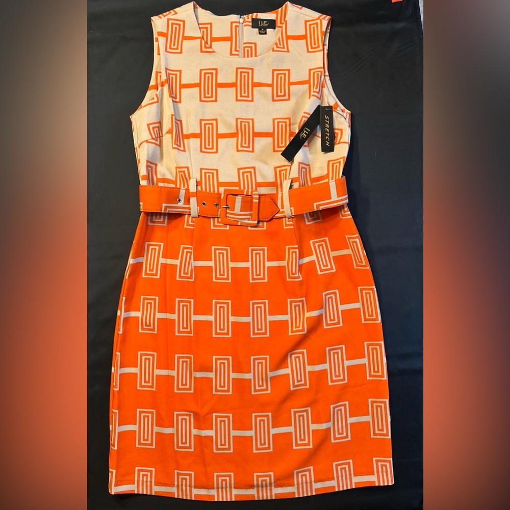 NWT ILE NY Sleeveless Stretch Tan & Orange Geo Print Midi Dress W Belt, Sz 10